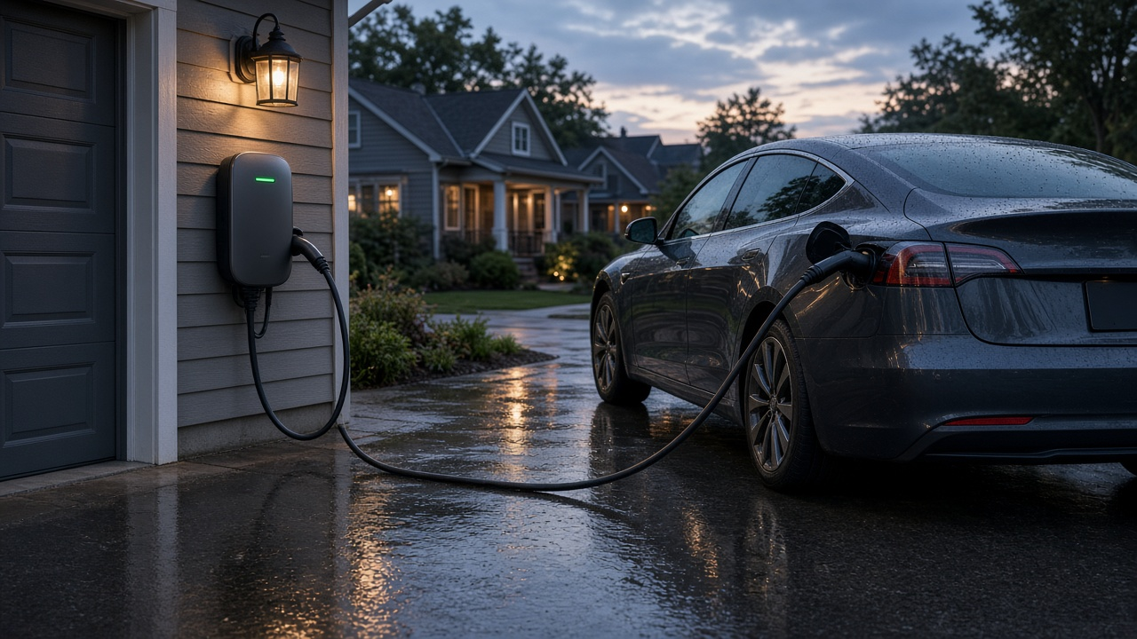 Wall EV charger on a garage with a sedan plugged in